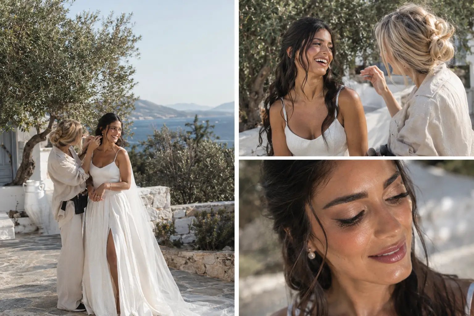 Η makeup artist επιμελείται το μακιγιάζ νύφης με φόντο το ελληνικό τοπίο