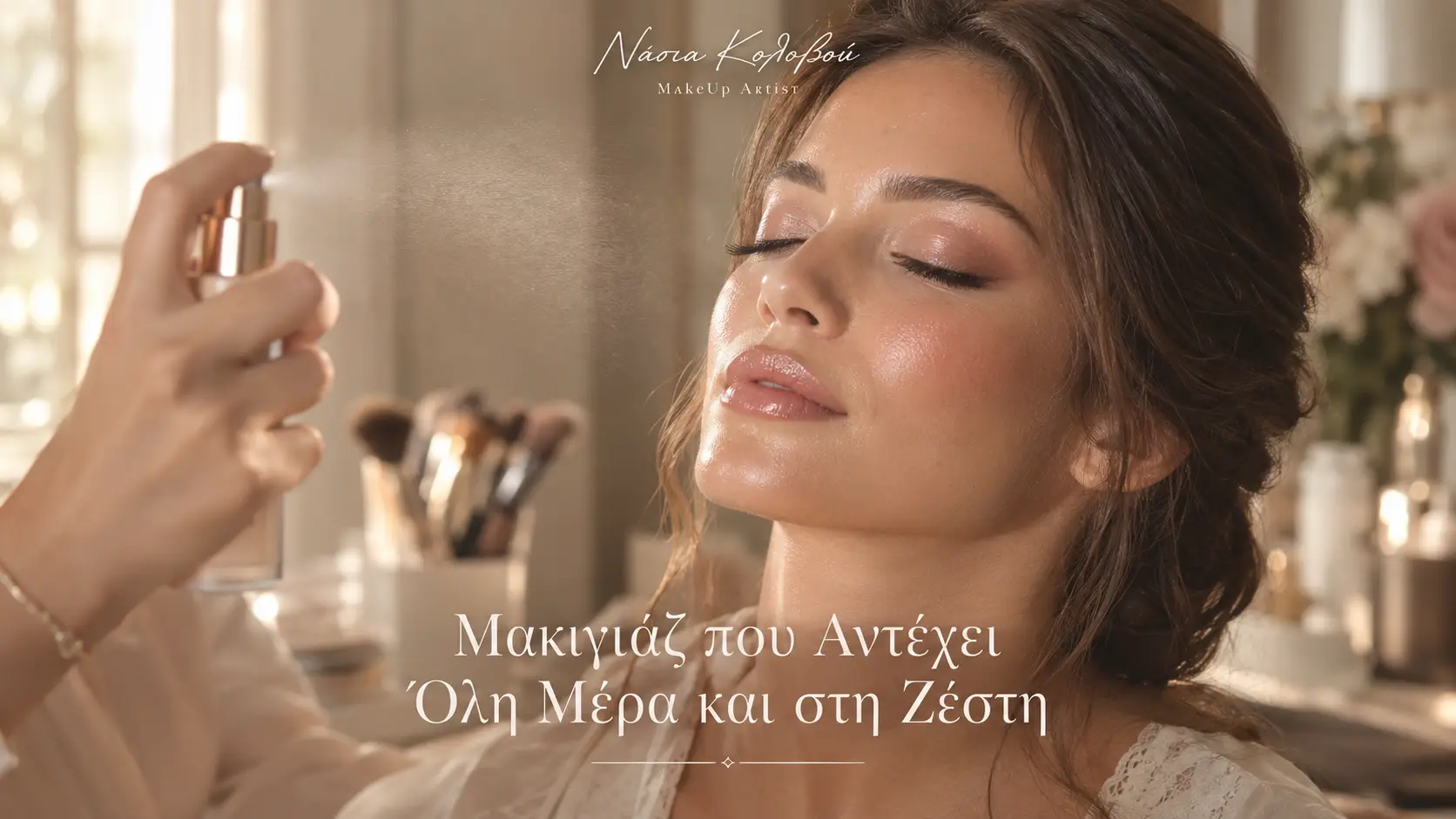 Γυναίκα με μακιγιάζ που αντέχει στη ζέστη όλη μέρα, εφαρμογή από τη Νάσια Κολοβού