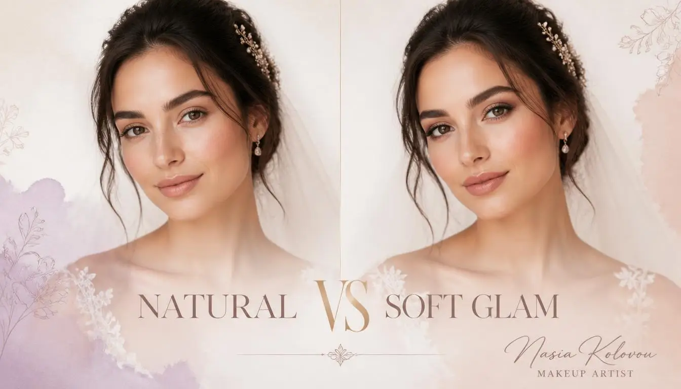 Σύγκριση ανάμεσα σε natural ή soft glam νυφικό μακιγιάζ, με επαγγελματικές συμβουλές επιλογής από τη Nasia Kolovou.