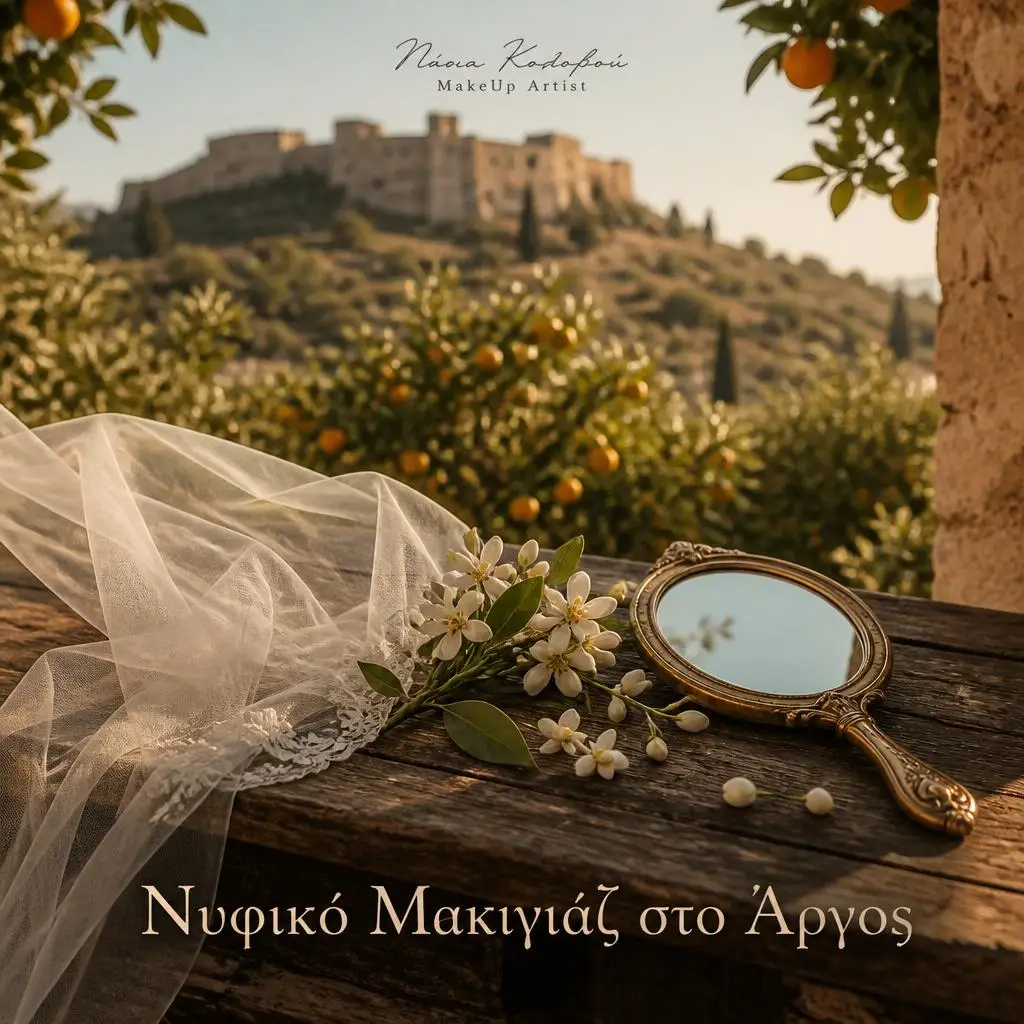 Νυφικό μακιγιάζ στο Άργος — νυφικά αξεσουάρ σε αυλή με πορτοκαλιές, από τη Νάσια Κολοβού