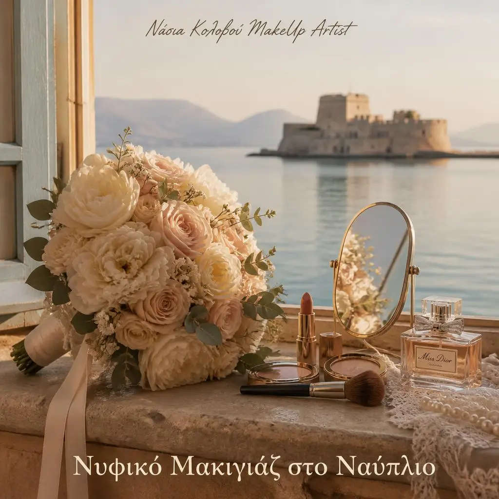 Νυφικό μακιγιάζ στο Ναύπλιο — νυφική ανθοδέσμη με θέα στο Μπούρτζι, από τη Νάσια Κολοβού